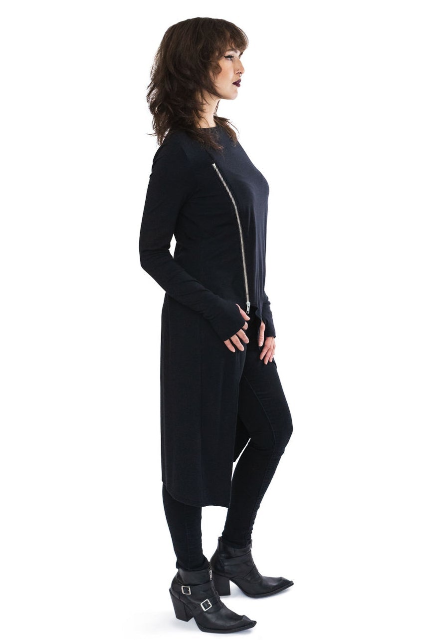 black goth gothy gothic edgy dark alt fashion tencel sustainable organic cotton ethical clothing womenswear asymmetrical silver zipper long tunic thumbholes longsleeve