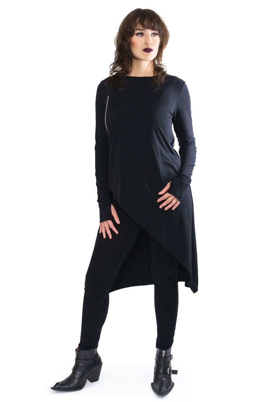 black goth gothy gothic edgy dark alt fashion tencel sustainable organic cotton ethical clothing womenswear asymmetrical silver zipper long tunic thumbholes longsleeve