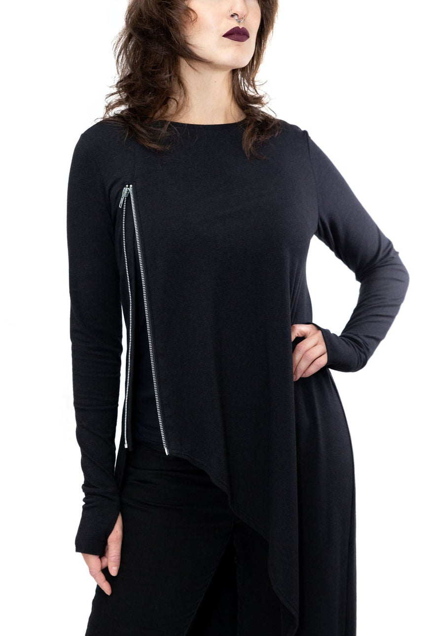 black goth gothy gothic edgy dark alt fashion tencel sustainable organic cotton ethical clothing womenswear asymmetrical silver zipper long tunic thumbholes longsleeve