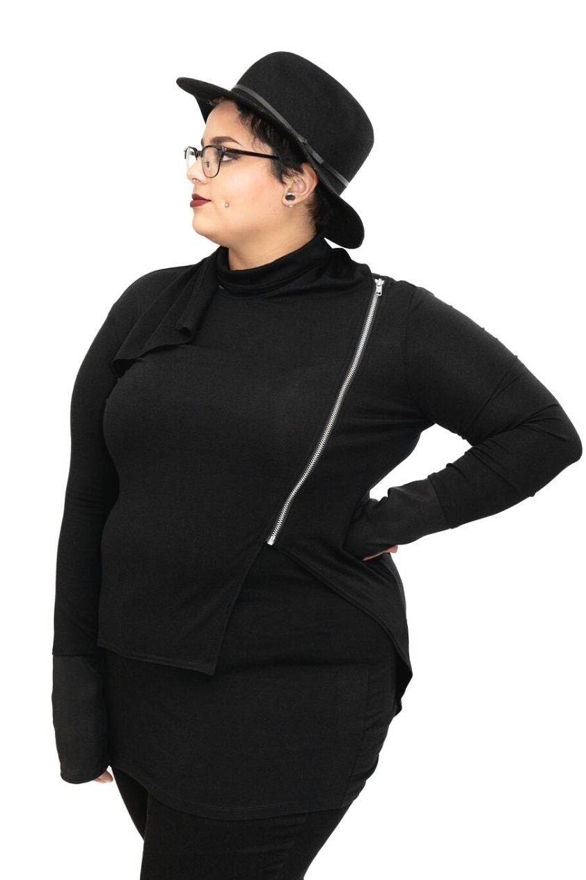 black goth gothy gothic edgy dark alt fashion jacket long sleeves asymmetrical silver zipper