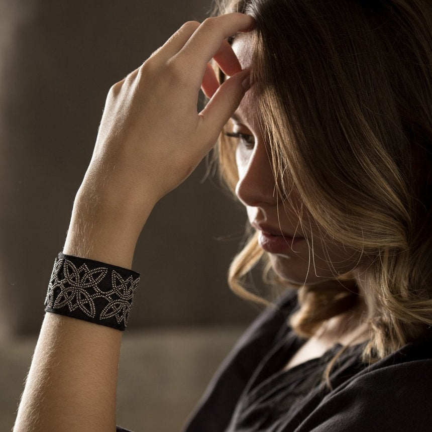 Lori Weitzner Ariadne Bracelet in Charcoal with Beading, Suede, Magnetic Closures