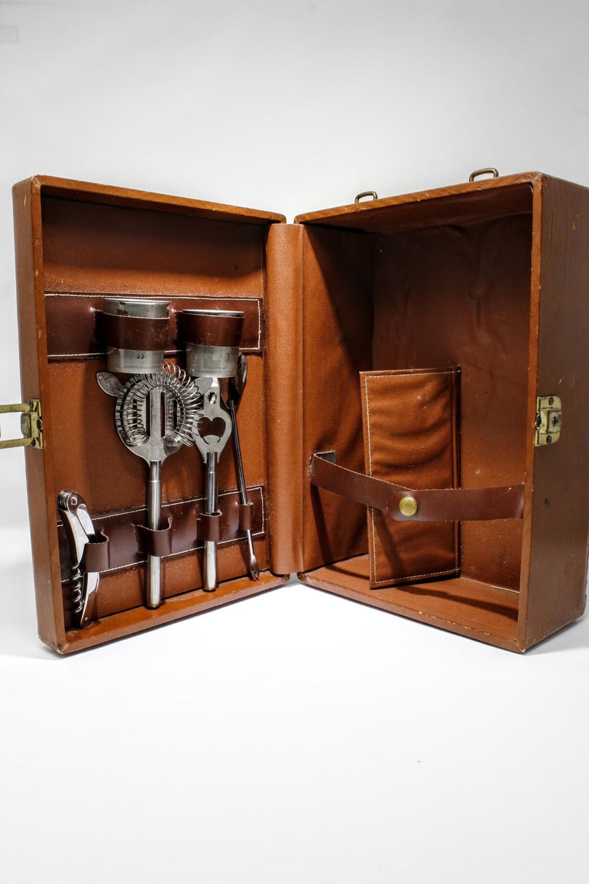 Vintage Travel Bar Kit (Brown Leather) Alcohol, Drink, serve ware, travel bar kit, vintage, travel Yes Cocktail Company 