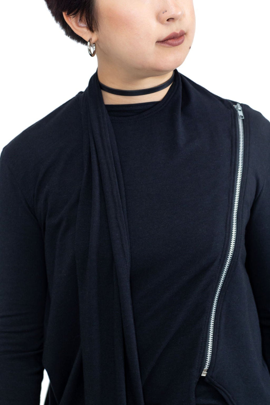 black goth gothy gothic edgy dark alt fashion jacket long sleeves asymmetrical silver zipper