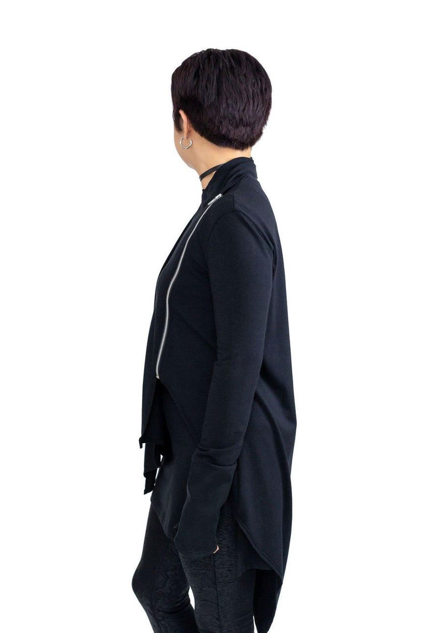 black goth gothy gothic edgy dark alt fashion jacket long sleeves asymmetrical silver zipper