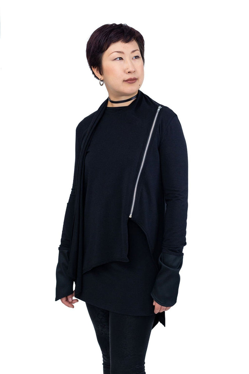 black goth gothy gothic edgy dark alt fashion jacket long sleeves asymmetrical silver zipper