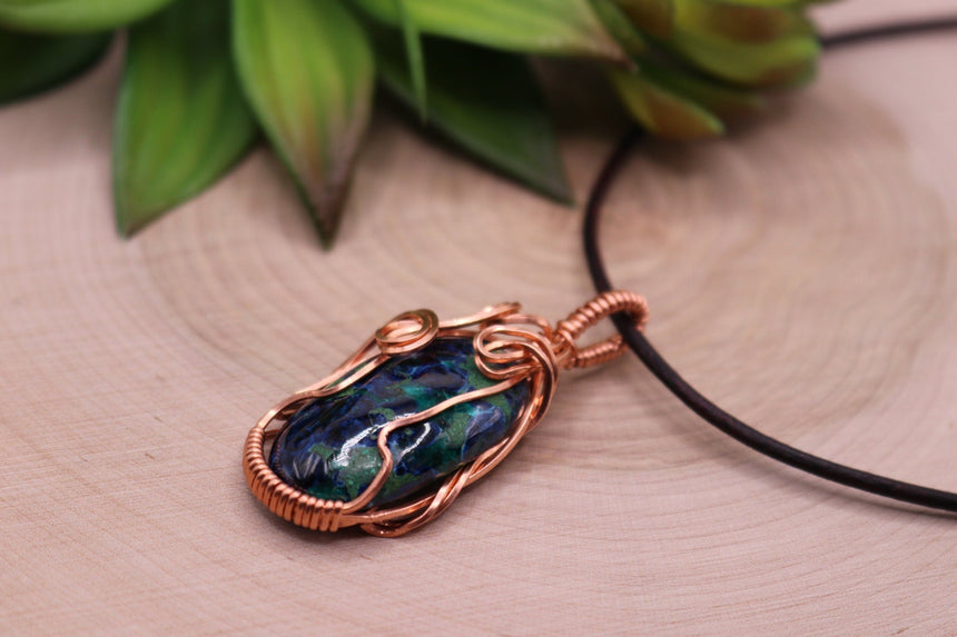 Azurite & Malachite Cabochon wire wrapped stone Necklace, Wire Wrapped necklace, Leather Cord jewelry, necklace Isle Inspired Boutique 