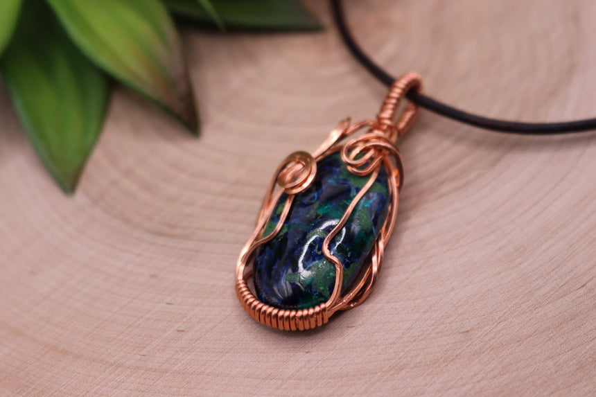 Azurite & Malachite Cabochon wire wrapped stone Necklace, Wire Wrapped necklace, Leather Cord jewelry, necklace Isle Inspired Boutique 