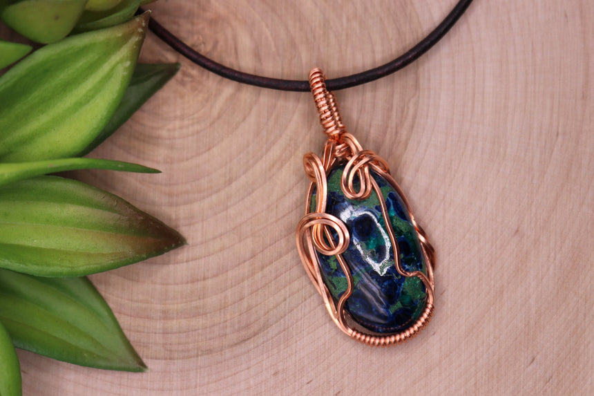 Azurite & Malachite Cabochon wire wrapped stone Necklace, Wire Wrapped necklace, Leather Cord jewelry, necklace Isle Inspired Boutique 
