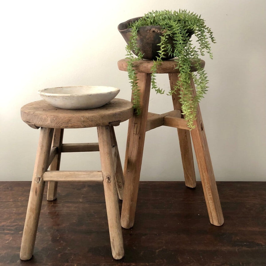 Vintage Elm Wood Stool, Round Home & Garden Centered Inc. 
