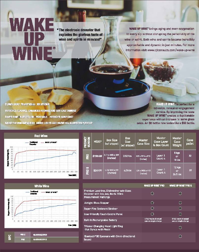 WAKE UP WINE PRO - A DECANTING & AGING EXPERIENCE WINE DECANTING & AGING SYSTEM CJL CONSULTiNG LLC 